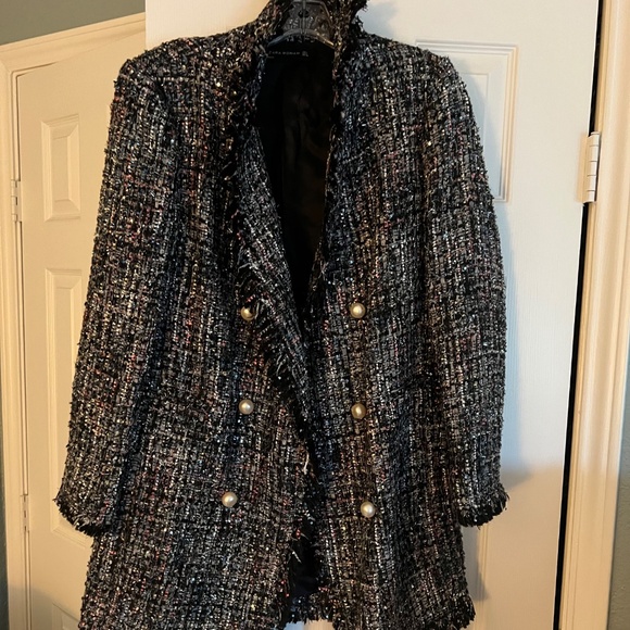 ZARA Fantasy Tweed Glitter Thread Pearl Button Blazer Jacket SZ L - Picture 2 of 2